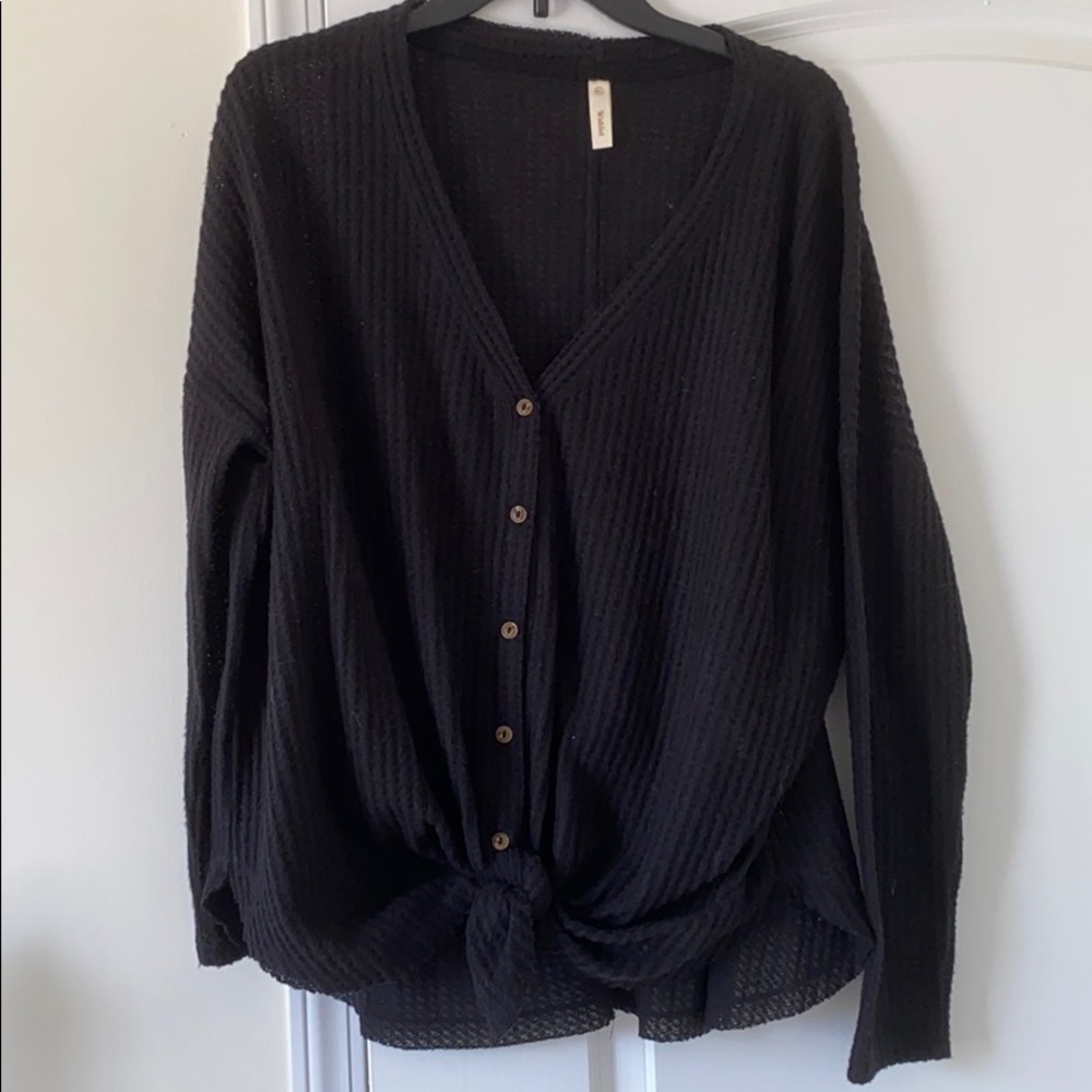 Black Waffle Knit button-down top